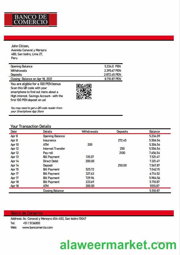 Peru Banco de Comercio bank statement